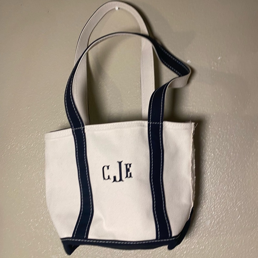Vintage 80s LL Bean Boat and Tote Zipper Stiff Canvas Navy/Natural  Long Strap